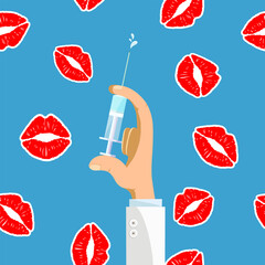 Hand holds a syringe with Botox against the background of imprints of female lips. Vector illustration