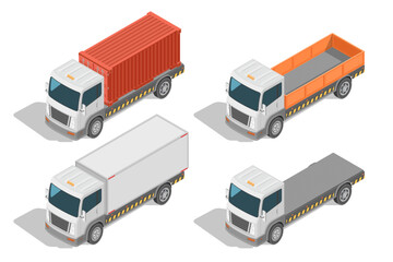 Set of industrial trucks for cargo transportation. Isometric projection. Isolated on white background. Vector illustration.