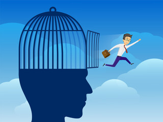 Businessman escapes from a cage inside a human head. Vector illustration.