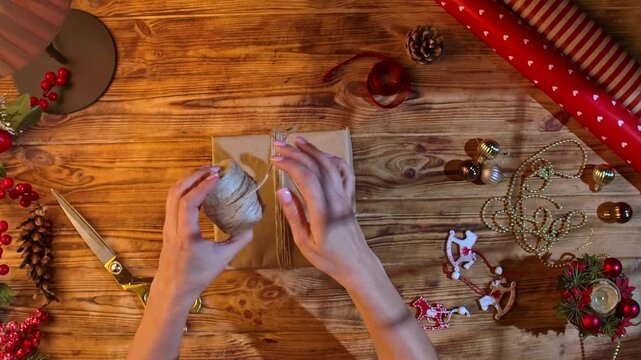 Top view of a woman hands cutting twine with gold scissors while wrapping a Christmas gift in kraft paper. A cozy holiday scene with festive decorations, a pine cone, ribbon, and wrapping paper.