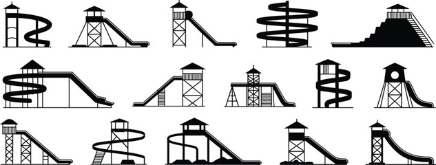 Water slide silhouette set, black vector illustration, tower and staircase designs, spiral and straight structures, amusement park elements, recreational play equipment