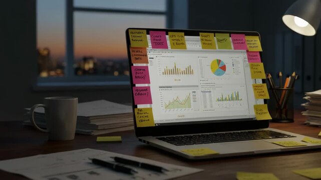 Laptop with sticky notes on screen and colored graphs, cluttered office desk with papers and pens, open laptop shows data charts, remote work, daily planning, productivity, workspace mess