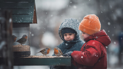 Two children feeding birds at a bird feeder in snowy winter.  Kids feeding birds in winter  