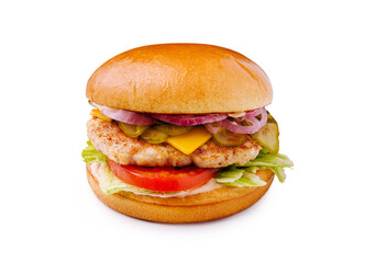 Delicious grilled chicken burger with fresh toppings and soft bun
