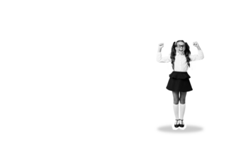 Composite photo collage of happy schoolgirl jump uniform ponytails back september study education fall isolated on painted background