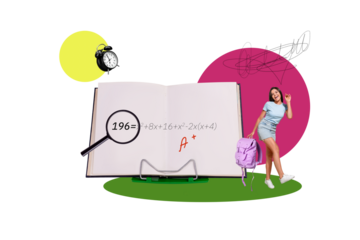 Composite photo collage of happy teenage girl open notepad math formula homework education concept alarm isolated on painted background