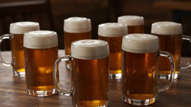Several beer mugs grouped together on rustic wooden table, different levels of beer foam, glass texture visible, cold drinks served, bar or pub setting, social alcohol drinking concept