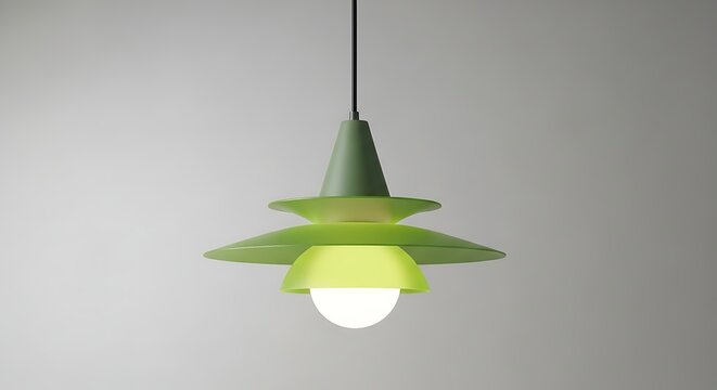 Mid-Century Modern Green Pendant Light Fixture with Frosted Glass Shade.