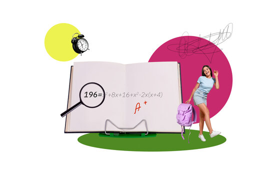 Composite photo collage of happy teenage girl open notepad math formula homework education concept alarm isolated on painted background