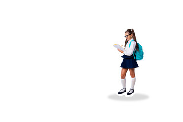 Composite photo collage of happy schoolgirl hold notepad write diary homework carry backpack education isolated on painted background