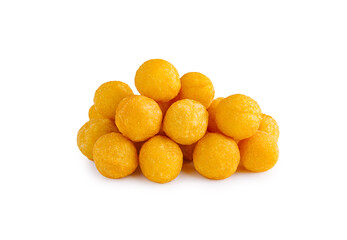 Delicious golden cheese balls stacked neatly on a white background