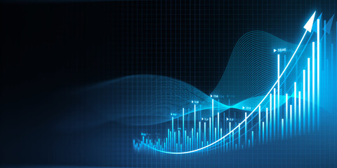 Creative growing business chart hologram on blurry blue background. Corporate future growth plan. 3D Rendering.