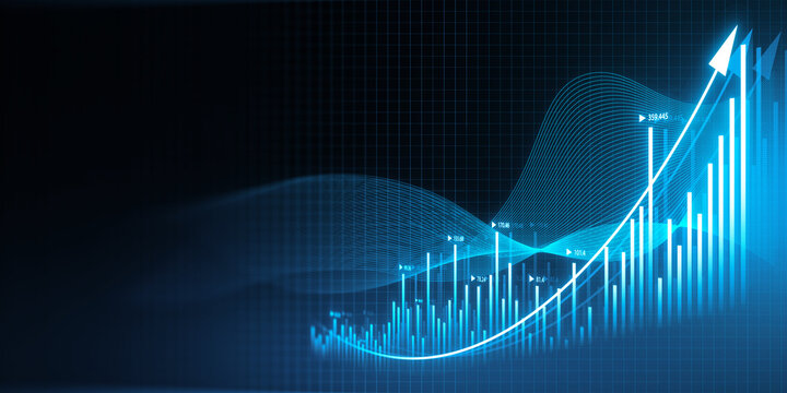 Creative growing business chart hologram on blurry blue background. Corporate future growth plan. 3D Rendering.