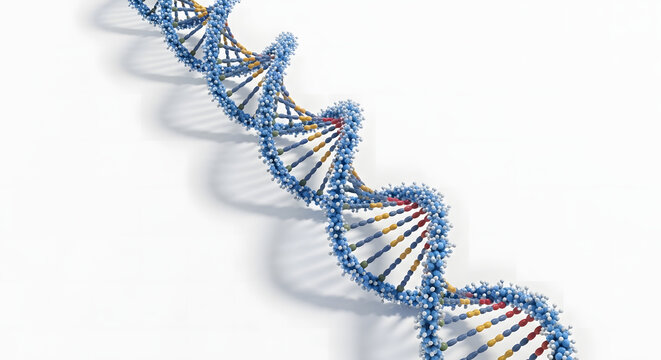 A vibrant 3D illustration of a DNA helix on a white background, symbolizing genetic science and molecular research in medicine
