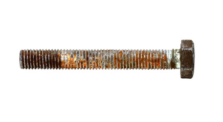 Old used rusty bolt or screw isolated on white, side view, clipping path, PNG