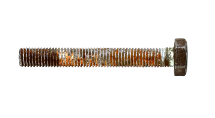 Old used rusty bolt or screw isolated on white, side view, clipping path, PNG