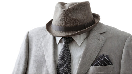 Stylish gray suit and fedora hat creating elegant sophisticated look perfect for formal occasions isolated on transparent background