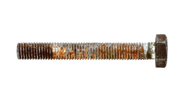 Old used rusty bolt or screw isolated on white, side view, clipping path, PNG