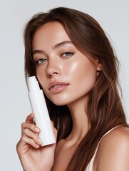 Beautiful model with perfect hair and skin holding a beauty product.