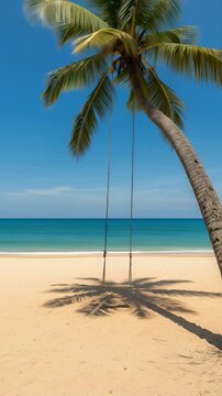 Serene Tropical Paradise: A Lone Swing Gently Sways from a Palm Tree on a Sunny Beach.