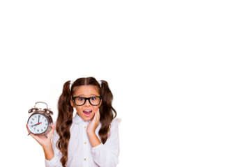 Composite photo collage of scared panic schoolgirl hold alarm ring clock late school lesson education isolated on painted background