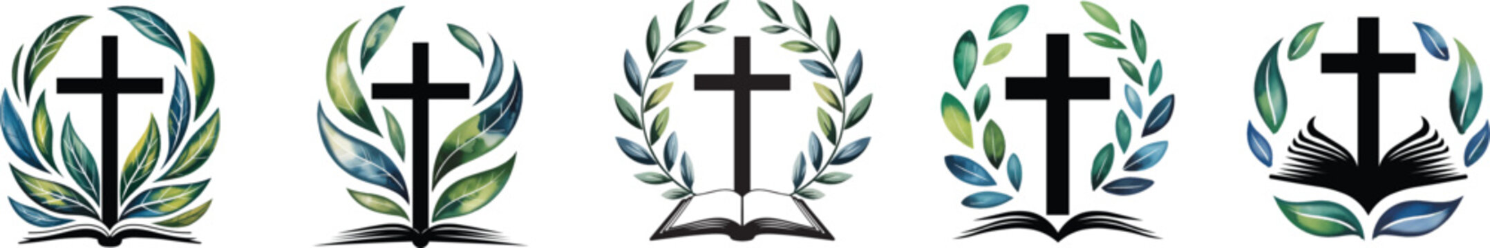 Collection of bible and cross, showcasing various shapes and colors, vector illustration.