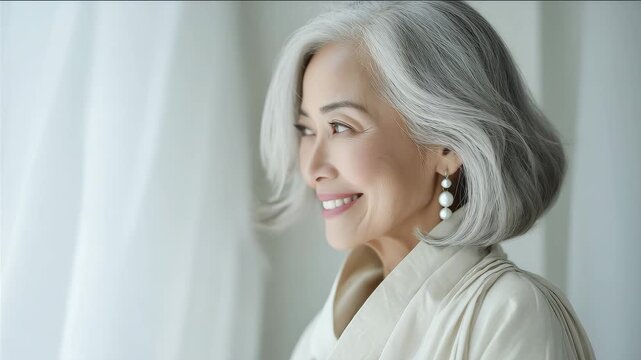 女性が穏やかな品でこちらを見る