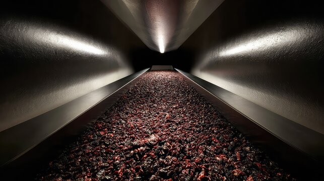 Dark tunnel with a vibrant path of crushed berries illuminated by soft lights for artistic and culinary inspiration