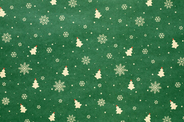 Green Christmas background with snowflakes and christmas trees,seamless pattern of christmas trees and snowflakes on green background,Christmas wrapping paper, Xmas pattern with ornaments.