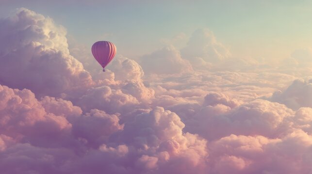 Pink hot air balloon floats above a sea of clouds on a beautiful sunny day