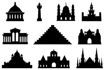 Fototapeta premium Historical Monument Silhouette Pack Isolated on White Background