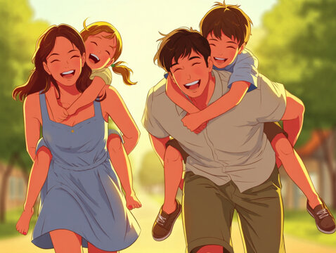 Joyful family outdoors with parents piggybacking their children