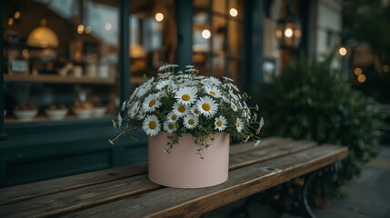Soft romantic floral arrangement in front of playful urban storefront.