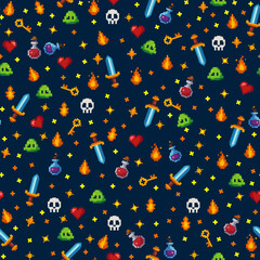 Pixel Art Video Game Icons Seamless Pattern, Swords, Potions, Skulls, Hearts, and Flames
