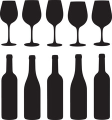 wine bottles and glasses, vector editable silhouette