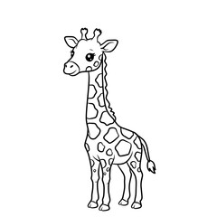 Black and white outline illustration of a cute giraffe. Ideal for coloring pages, children’s learning materials, and educational animal drawing activities