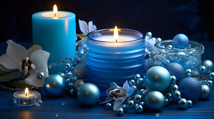 New Year's composition in blue tones - candles, Christmas balls and winter decor on a dark background