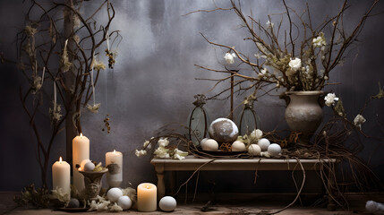 Elegant winter composition with branches, candles and flowers in a vintage style - atmospheric New Year's interior decor