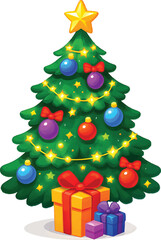 Vibrant Classic Christmas Tree Illustration with Ornaments and Golden Star