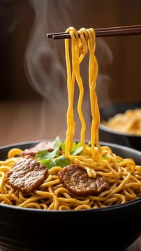 Steaming Noodles with Beef and Chopsticks: A Culinary Delight