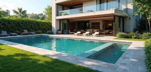 Modern mansion backyard with bright blue swimming pool. Stone deck surrounds water. Lounge chairs sit near glass fence. Rich green grass, trees add natural beauty. Luxury home design for relaxation.