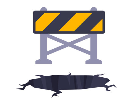 Fencing a pothole in the road. Flat illustration.