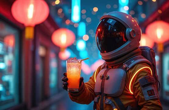 Astronaut in futuristic yellow suit holds glowing orange drink with ice. He stands on a vibrant city street with red lanterns and bokeh lights. Space explorer enjoys a refreshing beverage. - Powered by Adobe