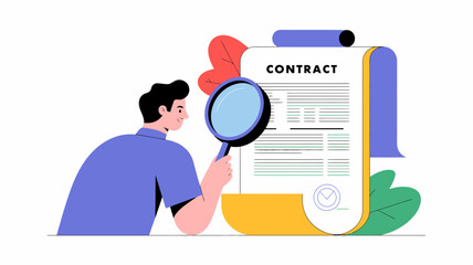 Man examining a contract document with a magnifying glass symbolizing review analysis and legal agreement