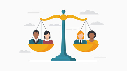 Diverse group of people representing equality and fairness on a balanced scale with clouds in the background