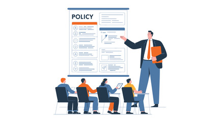 Business professional presenting company policy and guidelines to a diverse group of employees in a training session