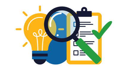 Conceptual illustration of a bright idea being analyzed and approved with a checklist and magnifying glass