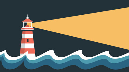 A classic red and white striped lighthouse shines its bright yellow beam across dark choppy ocean waves under a deep night sky