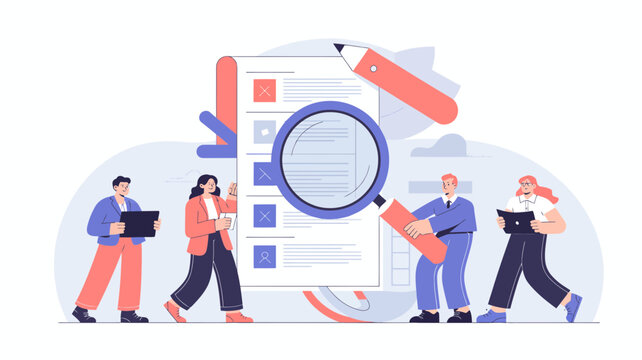 Diverse team of professionals meticulously reviewing a document with a magnifying glass and pencil symbolizing analysis and decision making