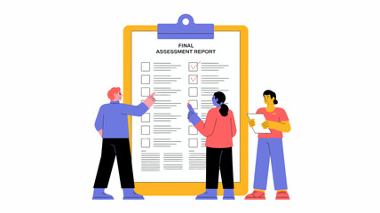 Team reviewing a final assessment report checklist on a large clipboard with checkmarks indicating completion and progress